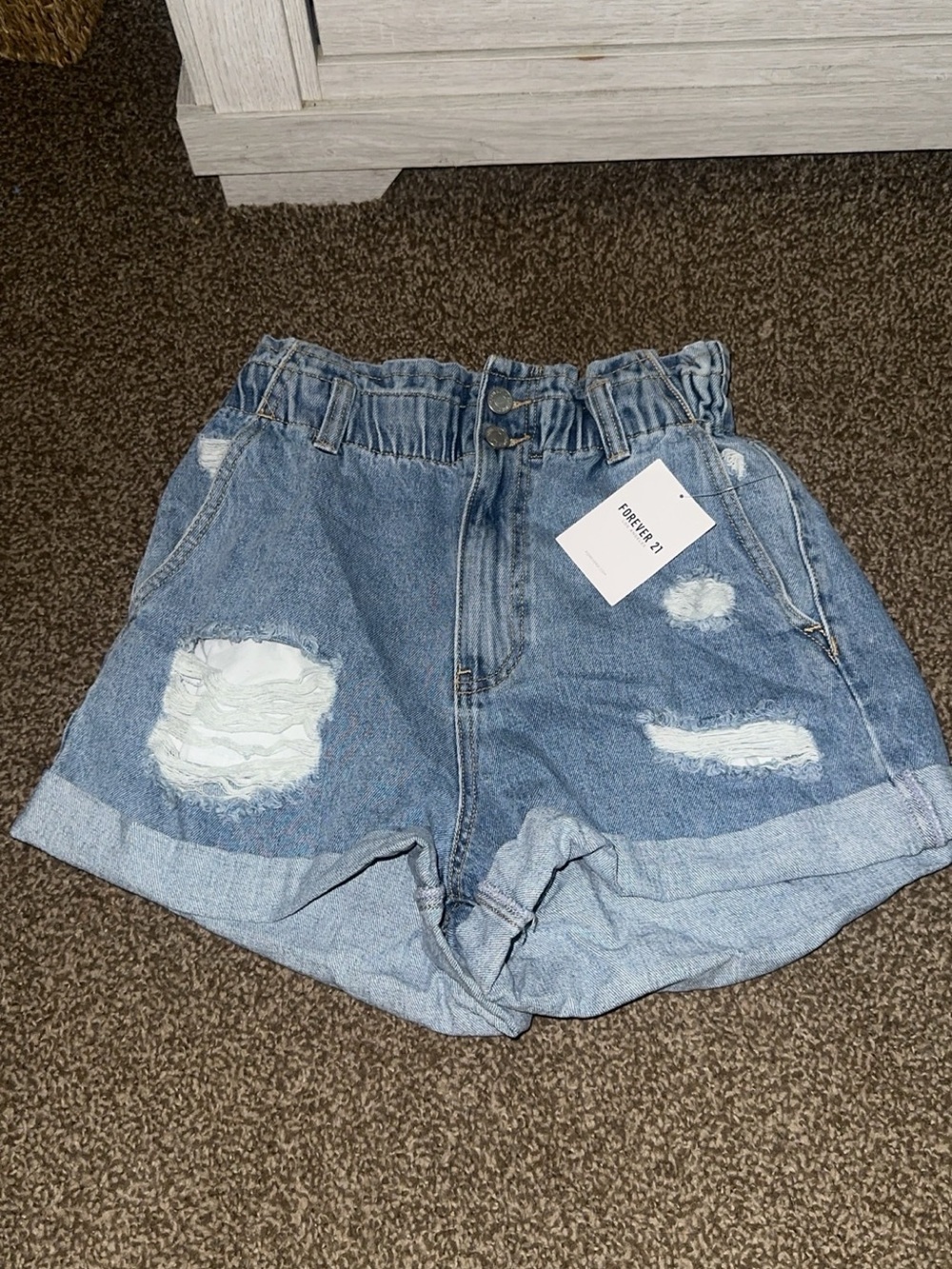 Forever 21 Light Blue Paperbag High-Waist Distressed Jean Shorts